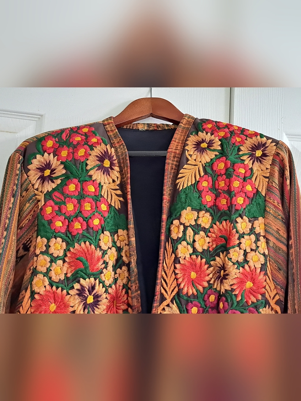 70s Vintage Embroidered Floral Patchwork Jacket in Green, Yellow & Orange